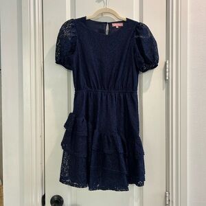 BCBG Navy Lace Puff Sleeve Dress